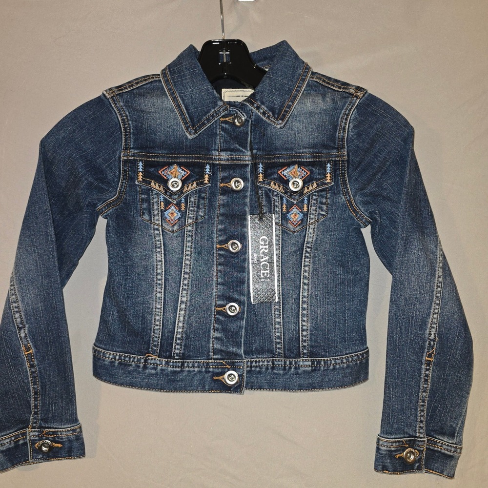 Grace in LA Denim Jacket Small Kids Blue Southwestern Embroidered New With Tags